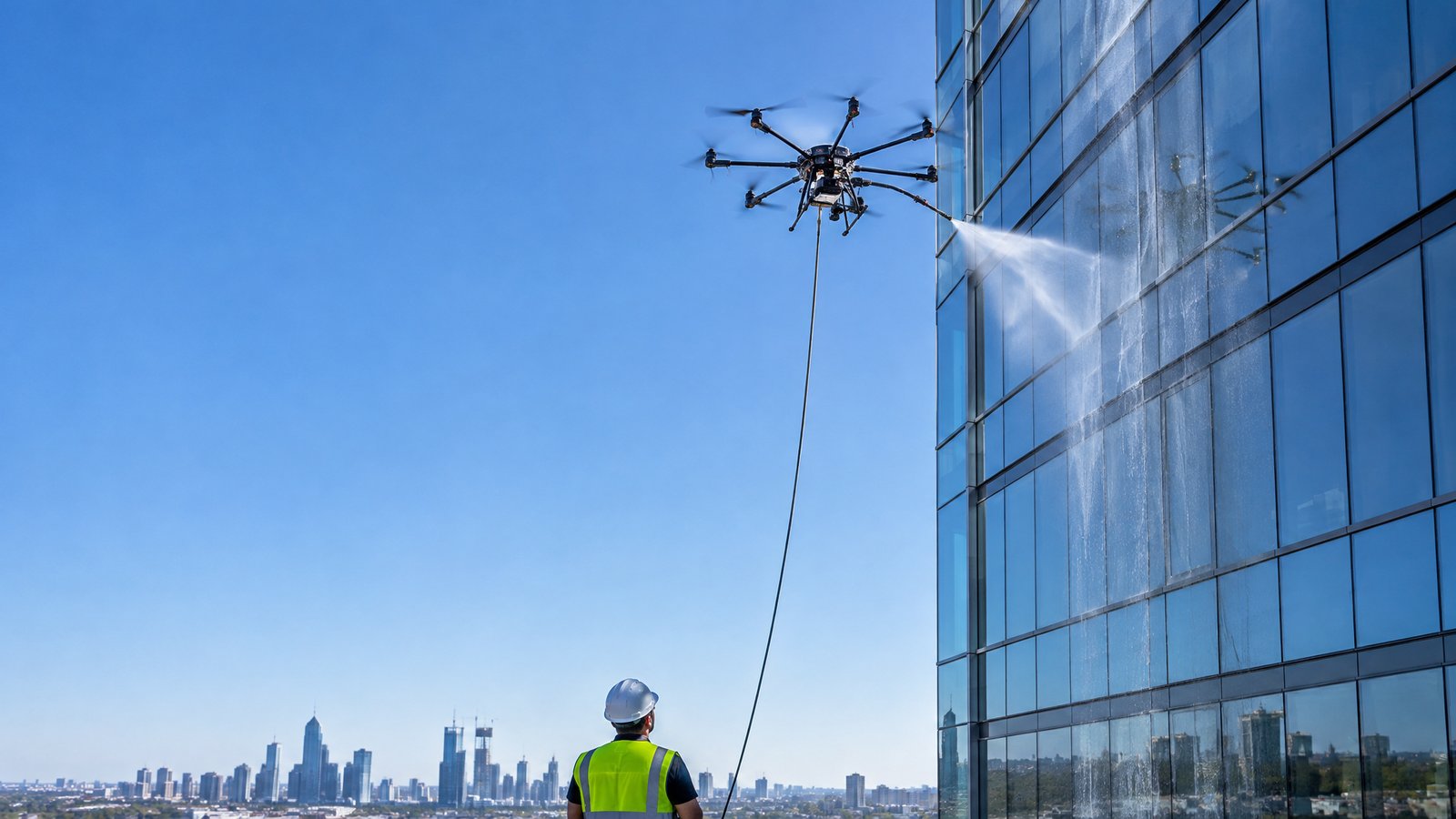 Tethered cleaning drone spraying a glass office tower façade while an operator in hi-vis watches from the ground